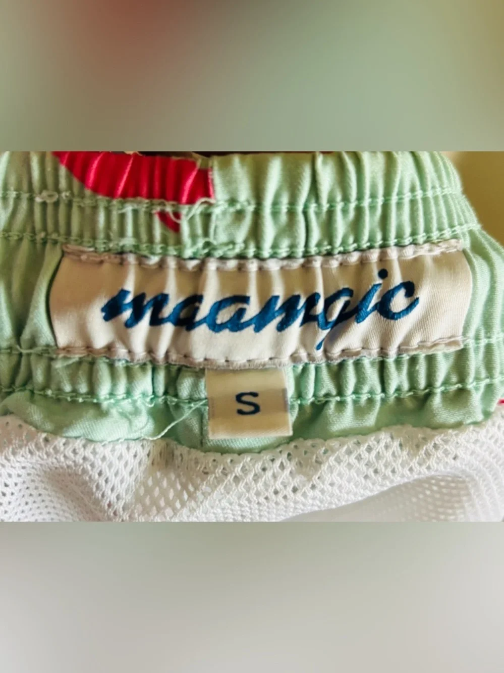 maamgic Green Lines Swim Trunks Shorts With Orange Sharks  Shorts Size: Small